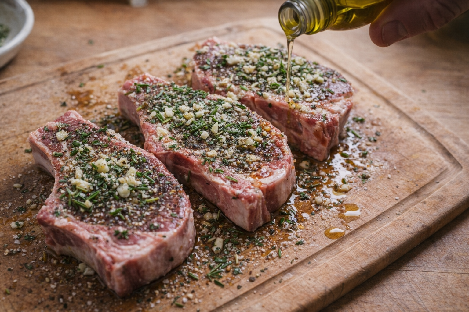 Overhead shot of raw lamb chops on a wooden cutting board, seasoned with fresh herbs, garlic, salt, pepper, and olive oil, ready for marinating